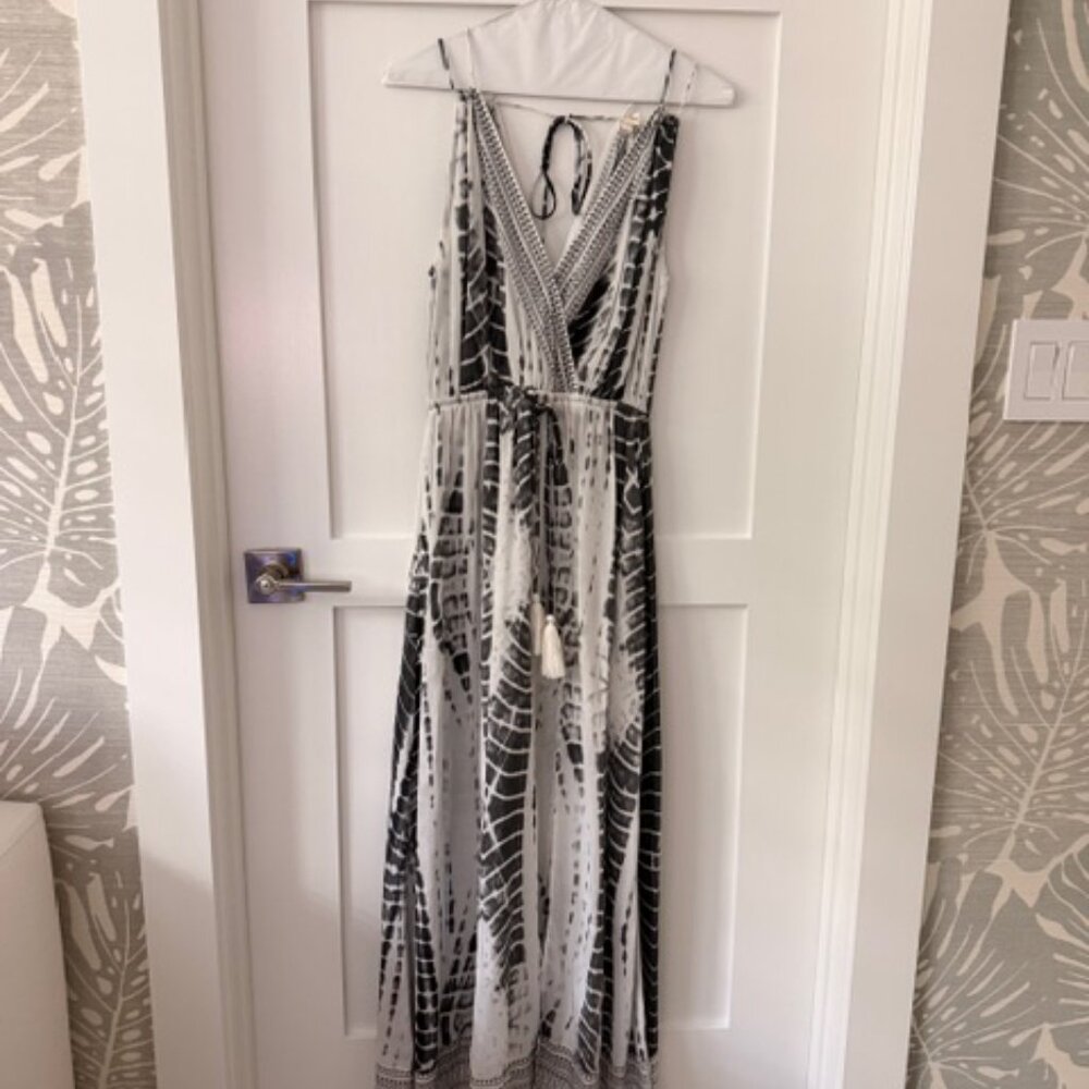 Elan Dark Navy Blue & White Tie Die Sleeveless V neck Maxi Dress., S